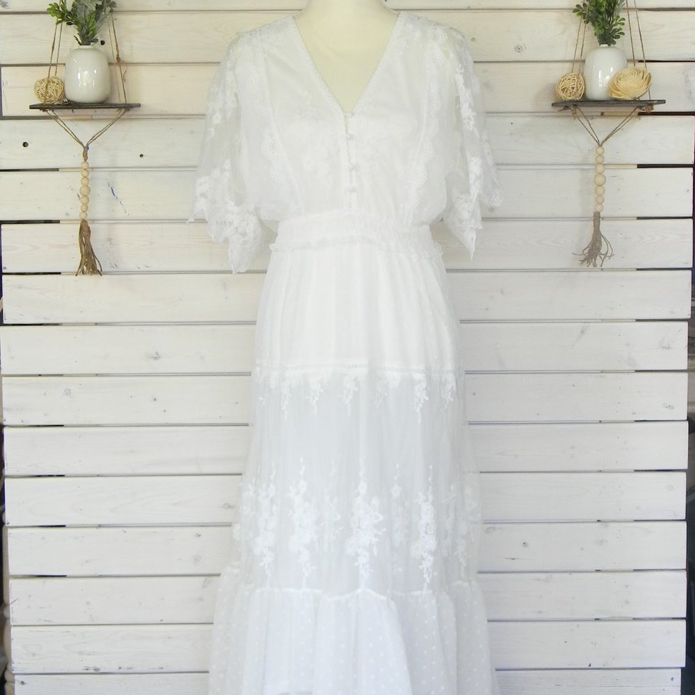 Sheilay White Lace/solid A-line Half Button Elegant Dress Size XXL